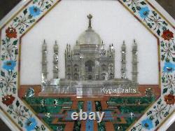 16 Inches White Marble Bar Table Taj Mahal Replica Inlay Work Coffee Table Top