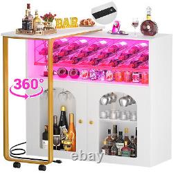 360° Rotating Home Wine Bar Cabinet, with Wine Rack & Storage, LED & Outlets, White