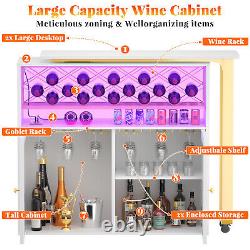 360° Rotating Home Wine Bar Cabinet, with Wine Rack & Storage, LED & Outlets, White
