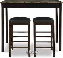 3 Piece Marble Table Stool Pub Bar Set Wood Chairs 42 x 22 x 36 Home Bistro