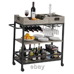 3 Tier Bar Carts for The Home, Bar Cart with Wheels, Two Portable Retro Grey