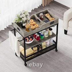 3 Tier Bar Carts for The Home, Bar Cart with Wheels, Two Portable Retro Grey