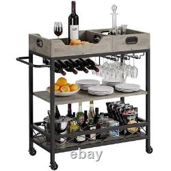 3 Tier Bar Carts for The Home, Bar Cart with Wheels, Two Portable Retro Grey