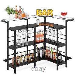 3 Tier Black Home Wine Bar Unit L-Shaped Liquor Bar Table with Wine Glass Rack