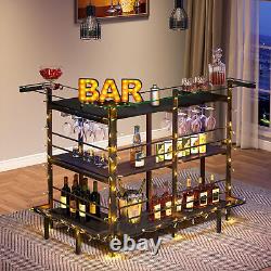 3 Tier Black Home Wine Bar Unit L-Shaped Liquor Bar Table with Wine Glass Rack