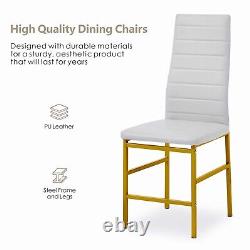 4x White Faux Leather Dining Chairs & Round Clear Glass Dining Table Golden Legs