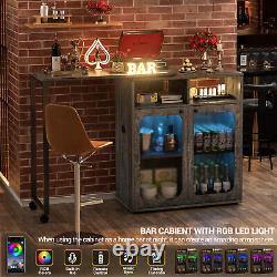 59 Foldable Rotating Home Bar Cabinet, with Power Station and LED Light, Grey