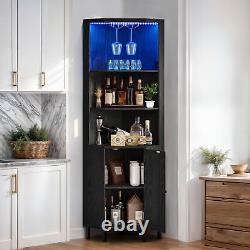 5 Tier Corner Bookshelf Bar Cabinet Liquor Glasses Wine Racks LED & Barn Doors