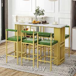 7 Piece Bar Table Set Counter Height Kitchen Dining Table with 6 Upholstered Stool