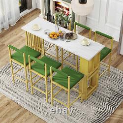 7 Piece Bar Table Set Counter Height Kitchen Dining Table with 6 Upholstered Stool