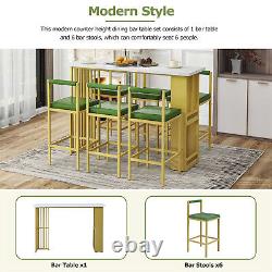 7 Piece Bar Table Set Counter Height Kitchen Dining Table with 6 Upholstered Stool