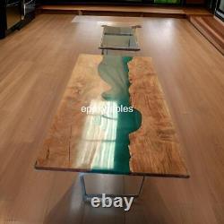 Acacia Wood Dining Table with Green Epoxy Resin for Office, Bar, or Home Decors