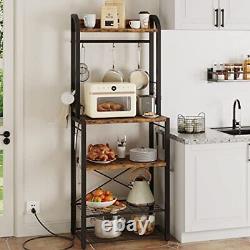 Bakers Rack with Power Outlet, Industrial Microwave Stand, Coffee Bar Table