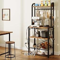 Bakers Rack with Power Outlet, Industrial Microwave Stand, Coffee Bar Table