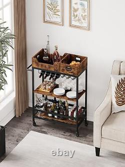 Bar Cart 3 Tier The Home Bar Cart with Wheels, Two Portable Trays, Wine Rack