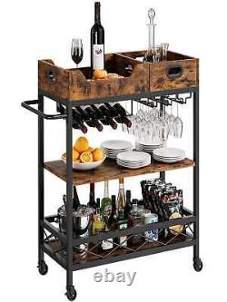 Bar Cart 3 Tier The Home Bar Cart with Wheels, Two Portable Trays, Wine Rack