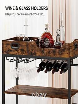 Bar Cart 3 Tier The Home Bar Cart with Wheels, Two Portable Trays, Wine Rack