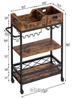 Bar Cart 3 Tier The Home Bar Cart with Wheels, Two Portable Trays, Wine Rack