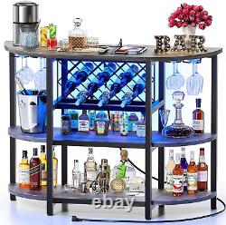 Bar Table Cabinet with Power Outlet, LED Home Mini Bar for Liquor, Metal Brown