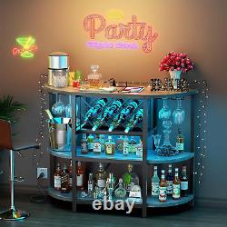 Bar Table Cabinet with Power Outlet, LED Home Mini Bar for Liquor, Metal Brown