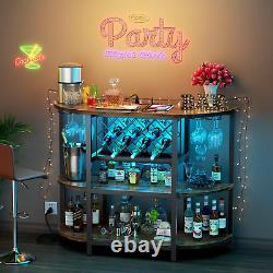 Bar Table Cabinet with Power Outlet, LED Home Mini Bar for Liquor, Metal Wine Ba