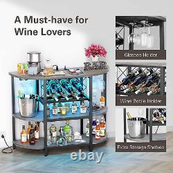 Bar Table Cabinet with Power Outlet, LED Home Mini Bar for Liquor and Glasses, M