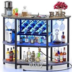 Bar Table Cabinet with Power Outlet, LED Home Mini Bar for Liquor and Grey