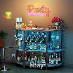 Bar Table Cabinet with Power Outlet, LED Home Mini Bar for Liquor and Grey