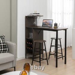 Bar Table Set with 2 Chairs 3 Pcs Wine Rack Table With Shelves and Glass Holder