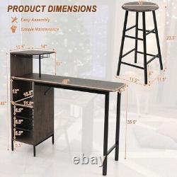 Bar Table Set with 2 Chairs 3 Pcs Wine Rack Table With Shelves and Glass Holder