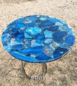 Blue Agate Round Coffee Table Top Console Bar Side Table Gemstone Art Home Decor