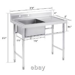 Commercial Kitchen Sink with Drainboard Stainless Steel Work Table for Home Bar