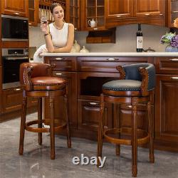 Cow top Leather Wooden Bar Stools Seat H29.5'' Swivel Bar Height Chair-Brown