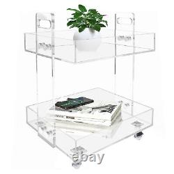 Home Bar Storage Cart Acrylic Serving Table with 4 Wheels 2 Tiers Mobile Display