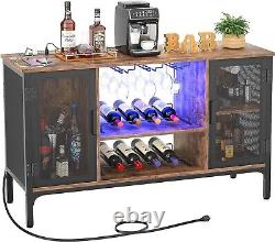Industrial Coffee Bar Cabinet with LED Lights & Power Outlets Rustic Brown