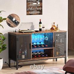 Industrial Coffee Bar Cabinet with LED Lights & Power Outlets Rustic Brown