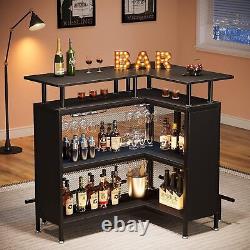 L Bar Table, Stemware, 2 Shelves, Mini Bar, Black/