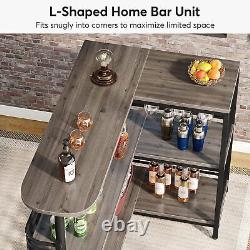 L-Shaped Home Bar Unit 3 Tier Liquor Table with Shelves, Grey
