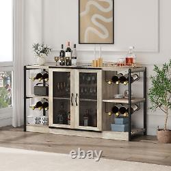 Modern Industrial Home Wine Bar Table Liquor Cabinet With 2-Tier Storage Shelves