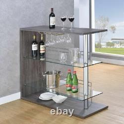 Modern Pub Home Weathered Gray Bar Table Glass Shelves Wine Rack Chrome Pole