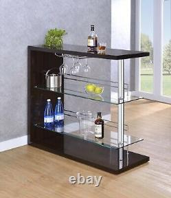 Modern Wood Home Bar Table Glass Shelf Glam Wine Storage Brown High Gloss 100166