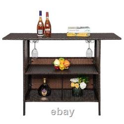 Outdoor Patio Rattan Wicker Bar Counter Table with 2 Storage Shelves Garden Home