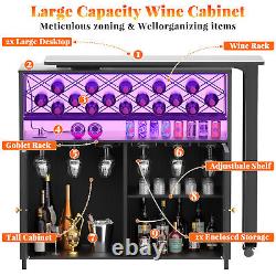 Rotating Home Wine Bar Cabinet, with Wine Rack and Storage, LED & Outlets, Black