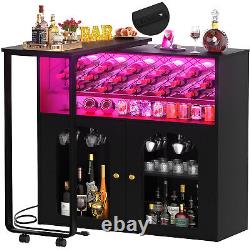 Rotating Home Wine Bar Cabinet, with Wine Rack and Storage, LED & Outlets, Black