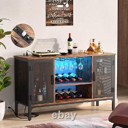 Wine Bar Cabinet with Led Lights and Power Outlets, Industrial Coffee Bar Cabine