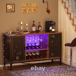 Wine Bar Cabinet with Led Lights and Power Outlets, Industrial Coffee Bar Cabine