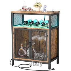 Wine Bar Cabinet with Power Outlet & LED Light, Home Mini Coffee Rustic Brown