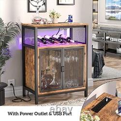 Wine Bar Cabinet with Power Outlet & LED Light, Home Mini Coffee Rustic Brown