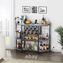 Wine Bar Cabinet with Power Outlets and LED Light, Mini Bar Table with Rack Home