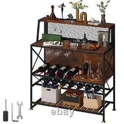 Wine Rack Home Bar Table, Industrial Liquor Storage Rustic Brown Rustic Brown